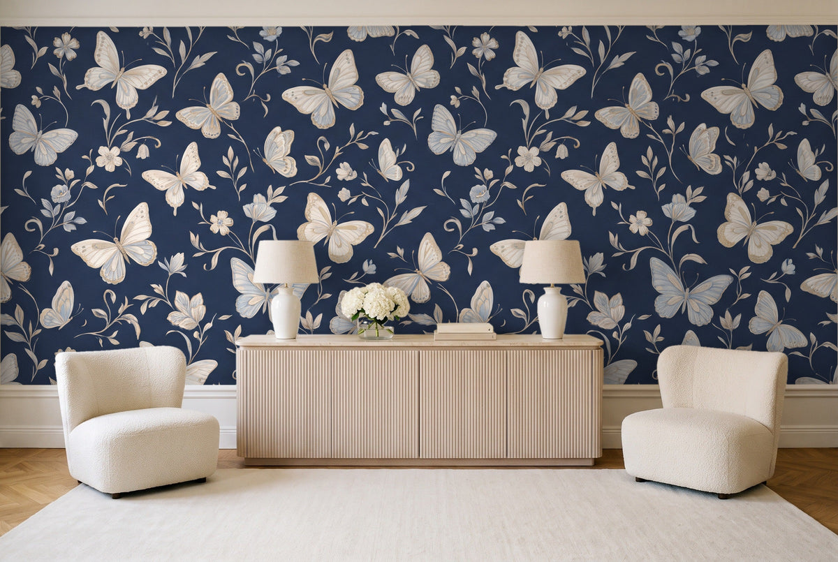 Navy Butterfly Mural in a living room