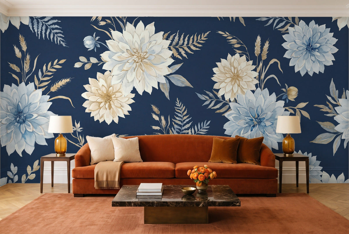 Navy Dahlia Floral Mural in a living room