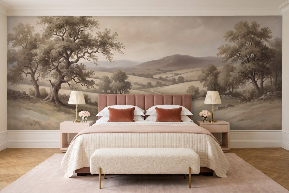 Beige Countryside Landscape Mural in a bedroom