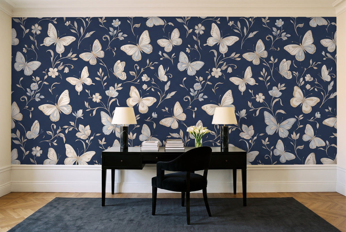 Navy Butterfly Mural in a home office