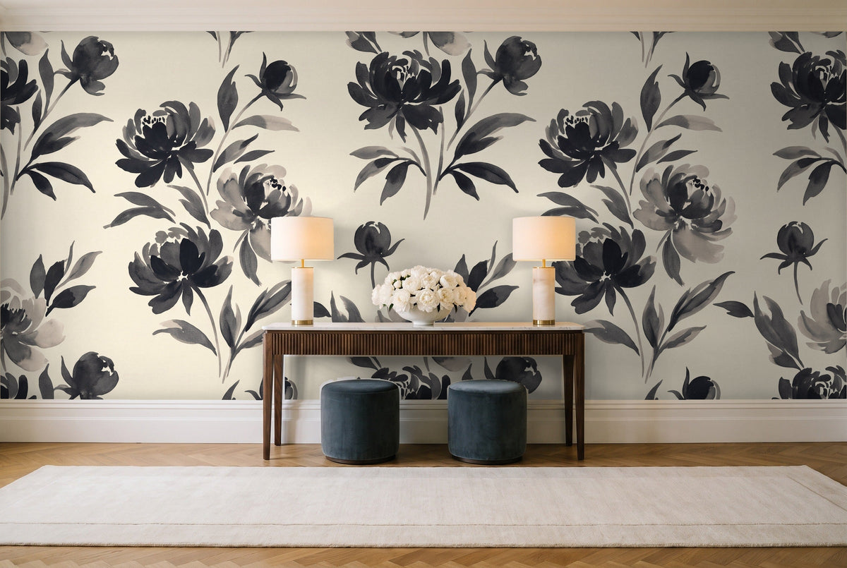 Black Peony Floral Mural in an entryway