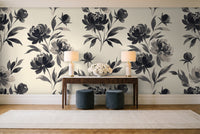 Black Peony Floral Mural in an entryway