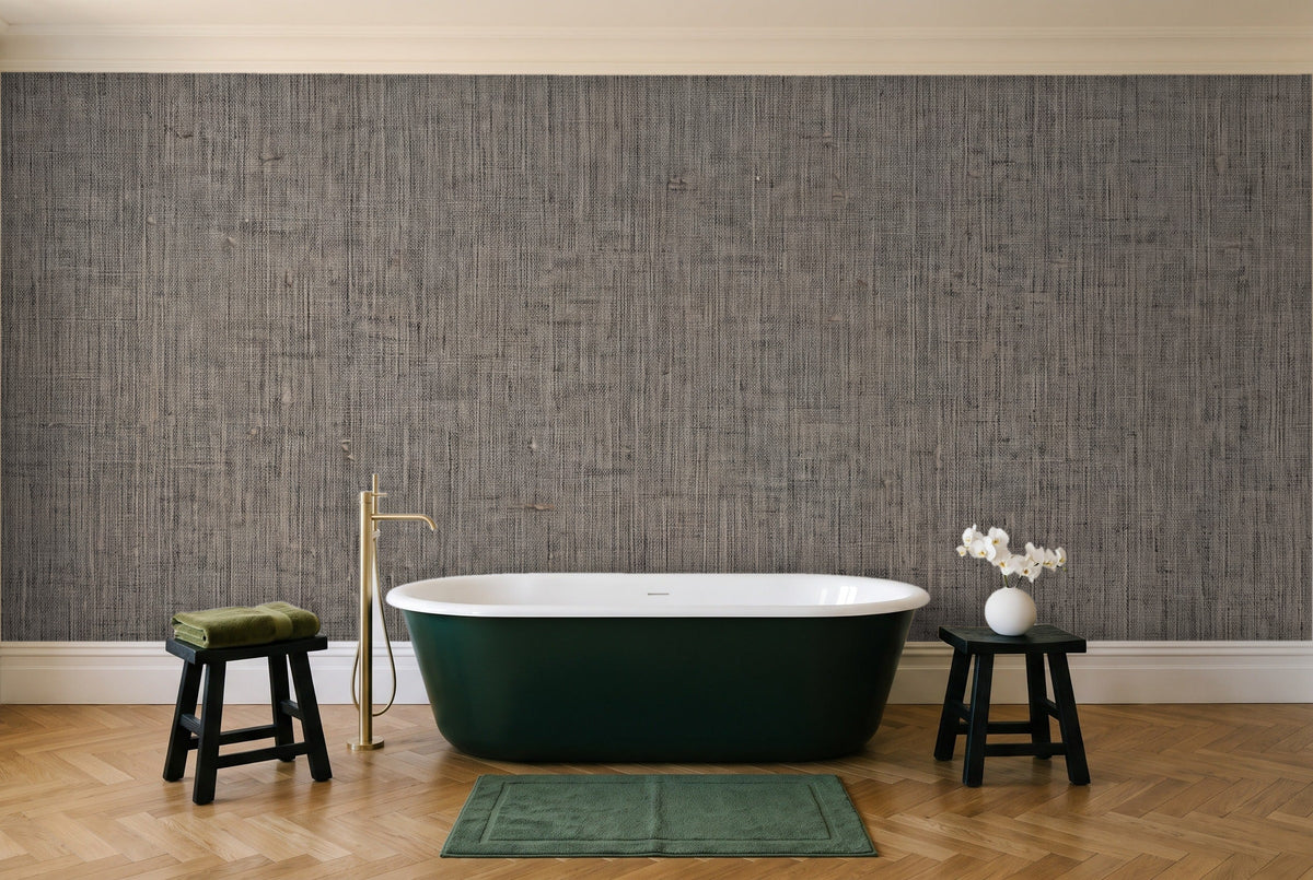 Charcoal Linen Texture Mural in a bathroom