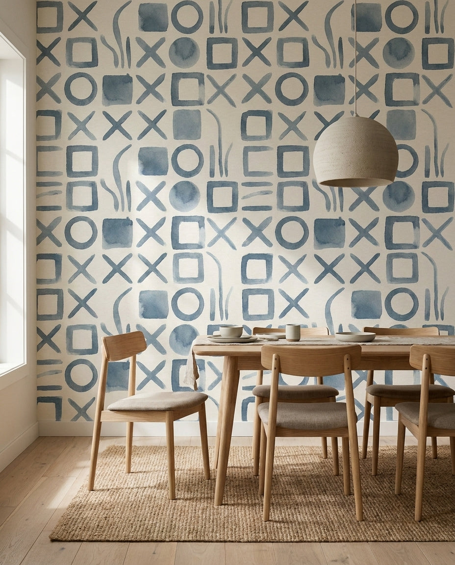 Blue Grid Geometric Mural on a feature wall