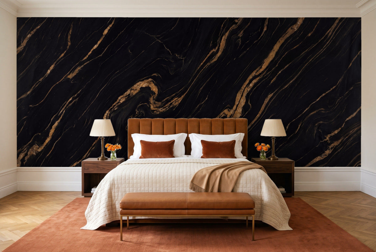 Black And Gold Marble Mural in a bedroom