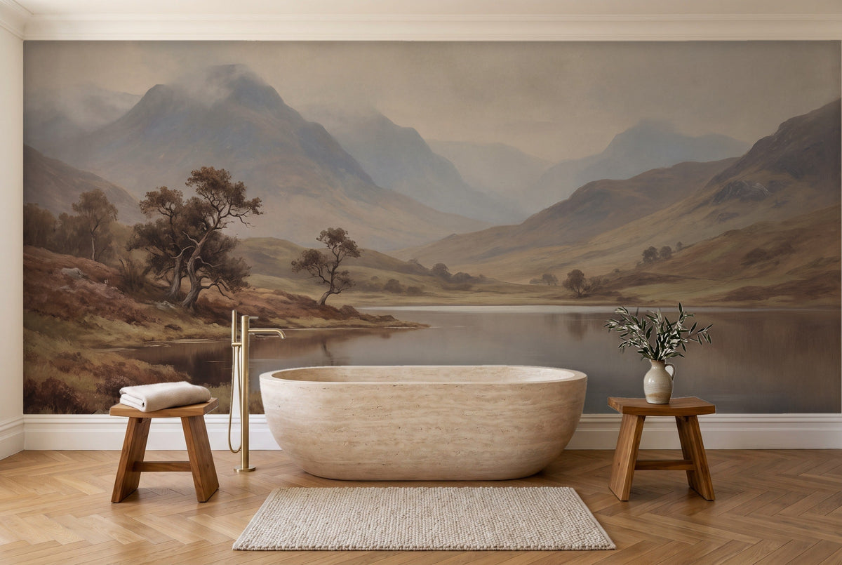 Blue And Grey Highlands Landscape Mural in a bathroom