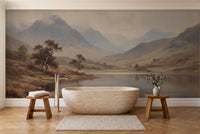 Blue And Grey Highlands Landscape Mural in a bathroom