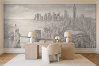 Grey New York Cityscape Mural in a home office