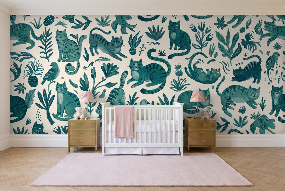Teal Cat Animal Mural in a nursery