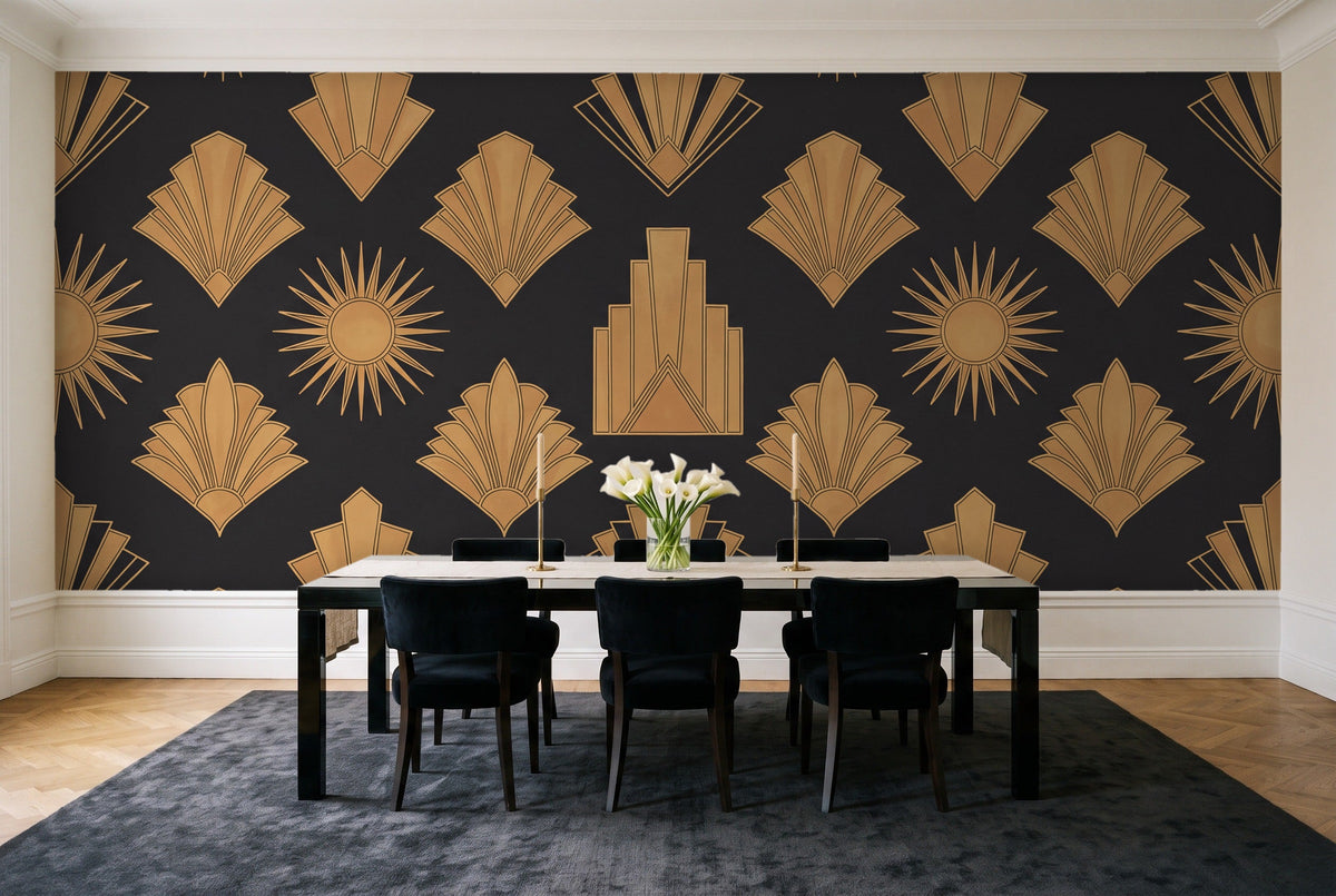 Black And Gold Art Deco Mural in a dining room