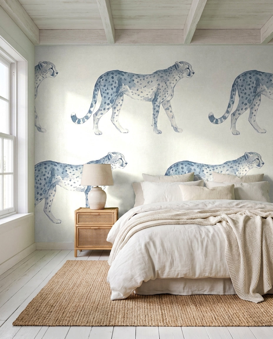 Blue-and-grey Cheetah Animal Mural on a feature wall