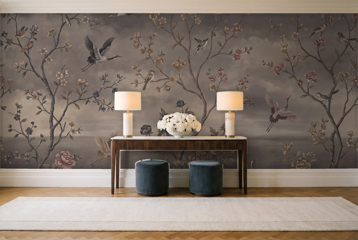 Charcoal Chinoiserie Garden Chinoiserie Mural in an entryway