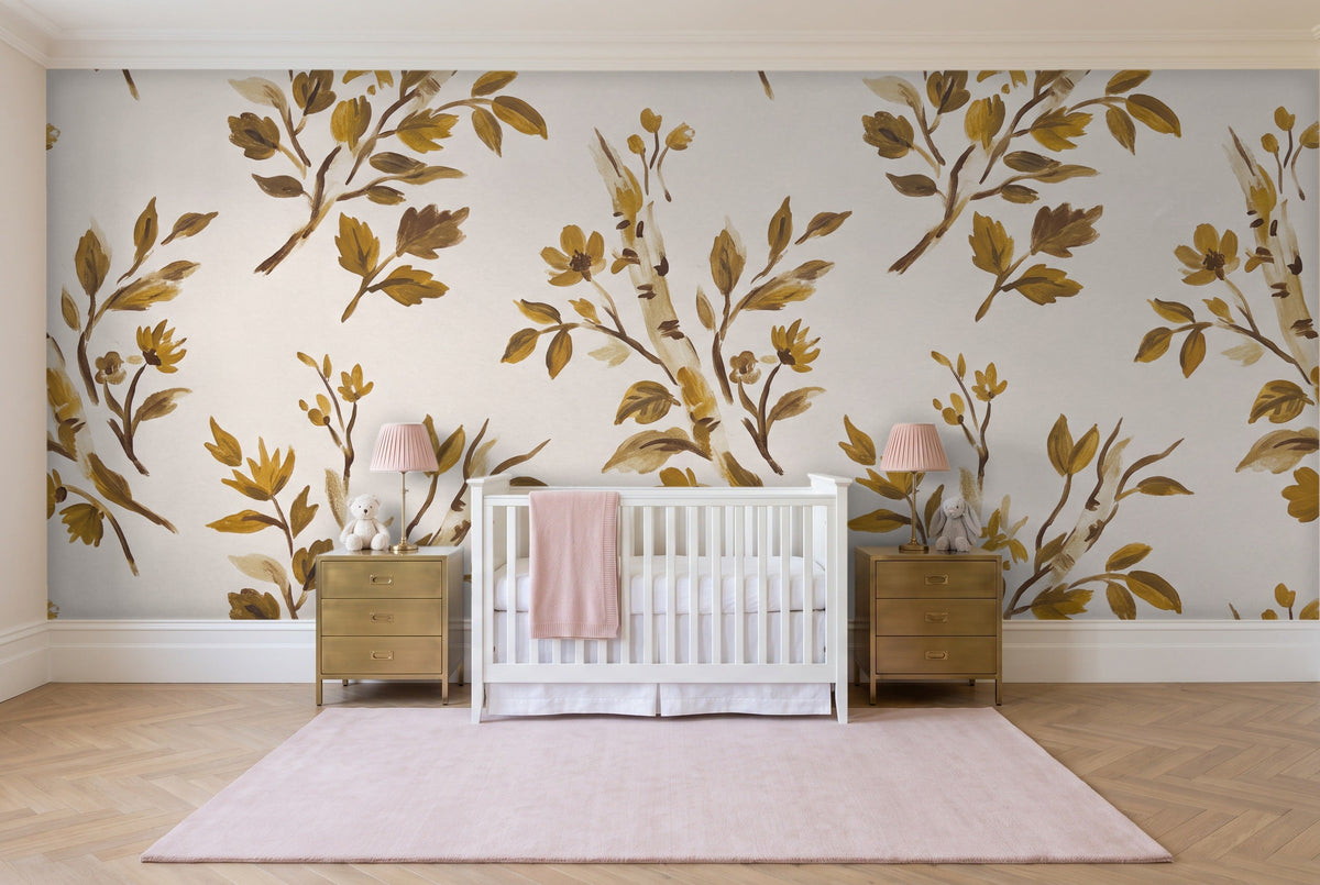 Mustard Birch Botanical Mural in a nursery