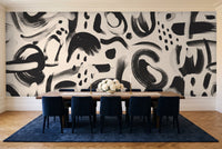 Black And White Brushstroke Abstract Mural in a dining room