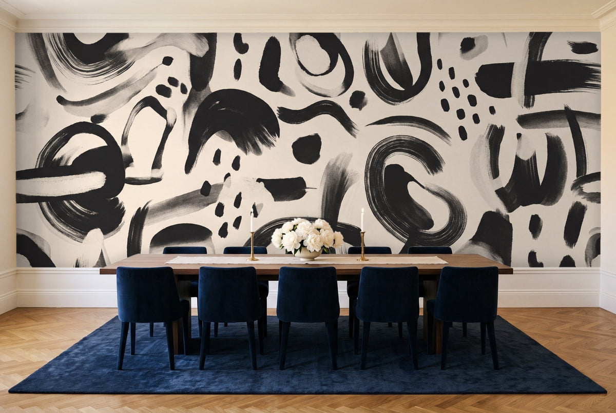 Black And White Brushstroke Abstract Mural in a dining room