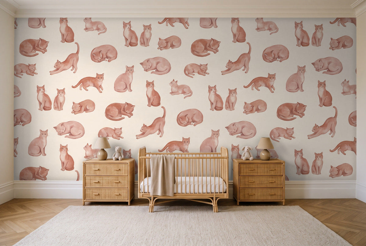 Blush Cat Animal Mural in a nursery