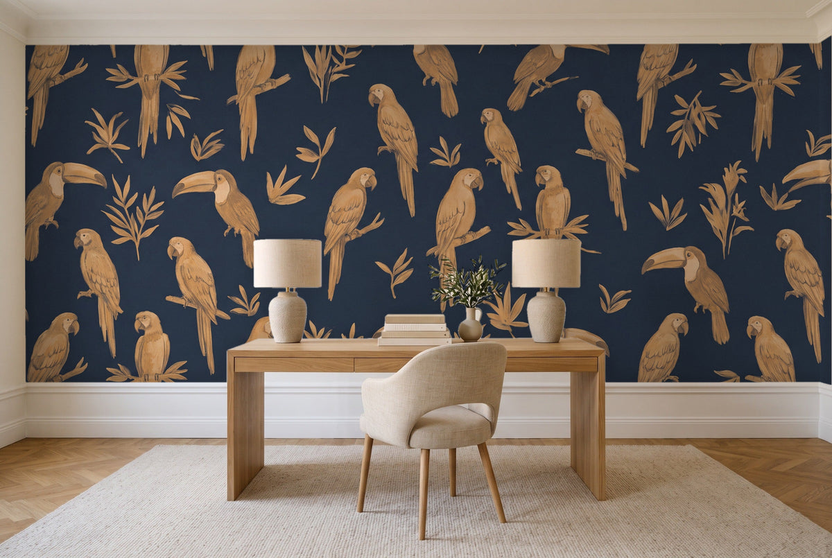 Blue And Gold Parrot Animal Mural in a home office