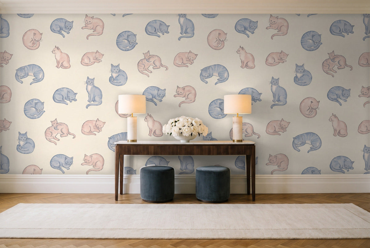 Blue And Pink Cat Animal Mural in an entryway