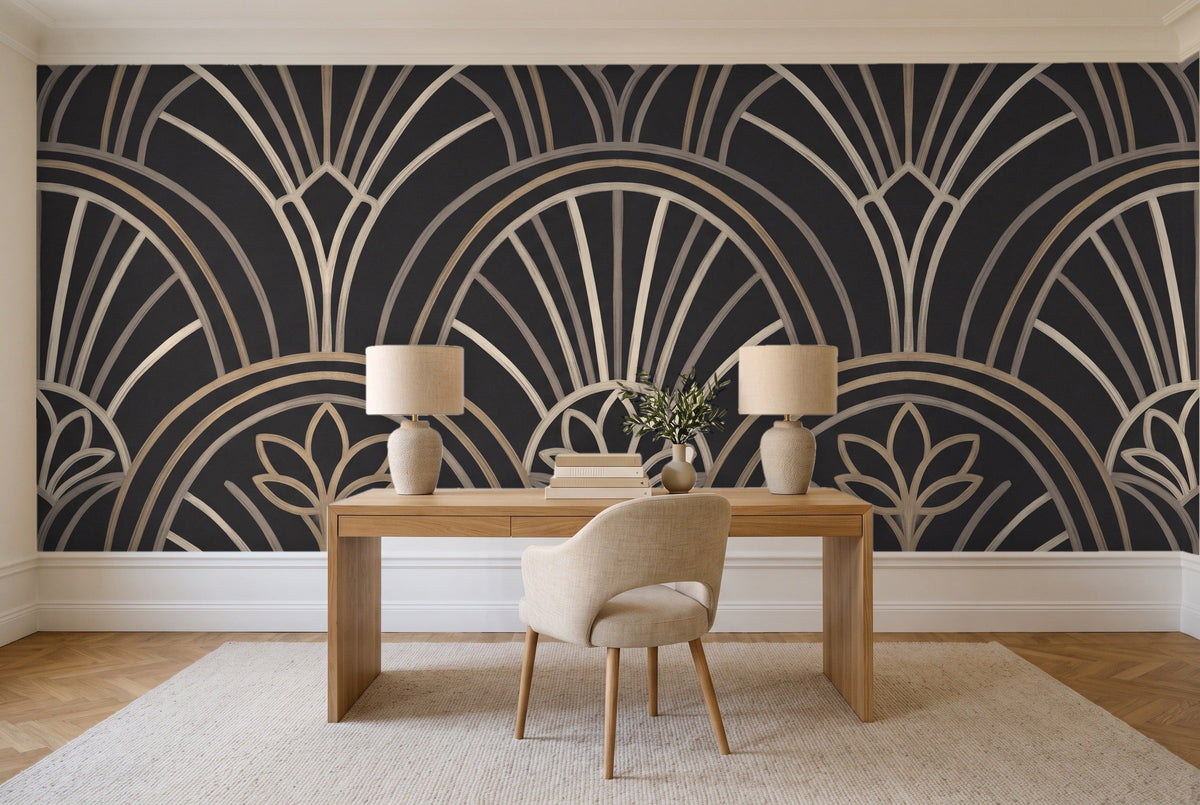 Black Art Deco Mural in a home office