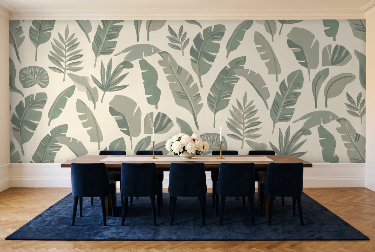 Sage Banana Leaf Tropical Mural in a dining room