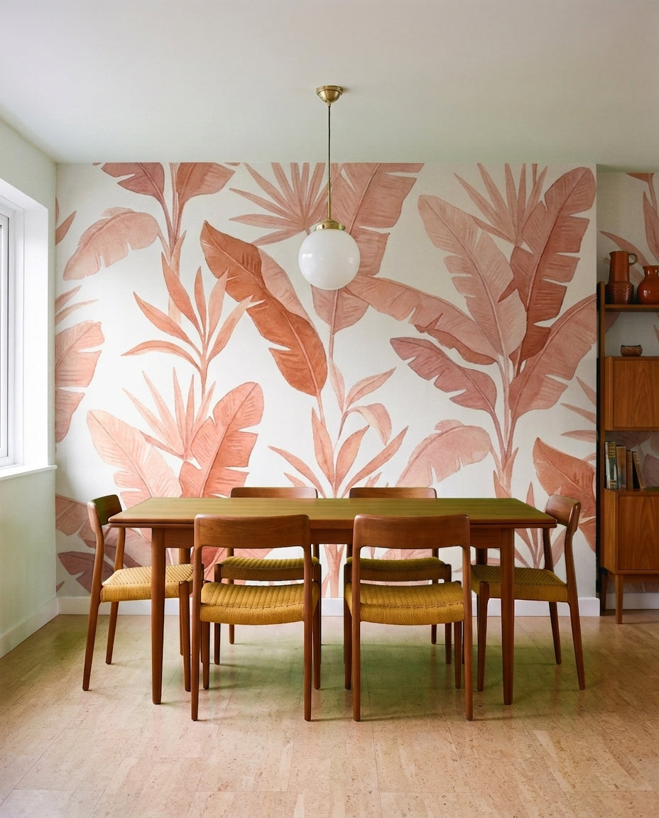 Pink Banana-leaf Tropical Mural in an interior