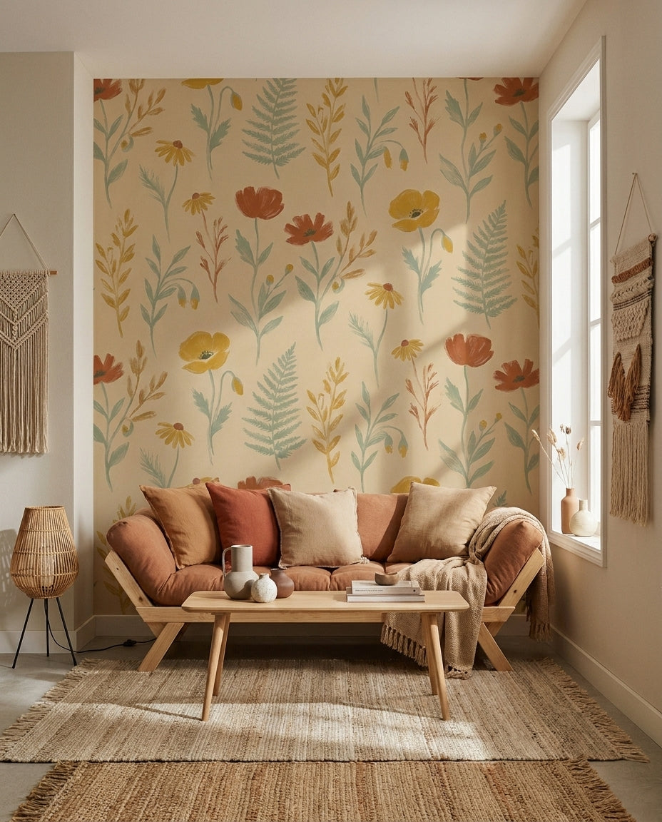 Mustard Wildflower Floral Mural on a feature wall