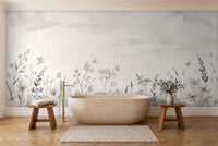 Cream Wildflower Meadow Floral Mural in a bathroom