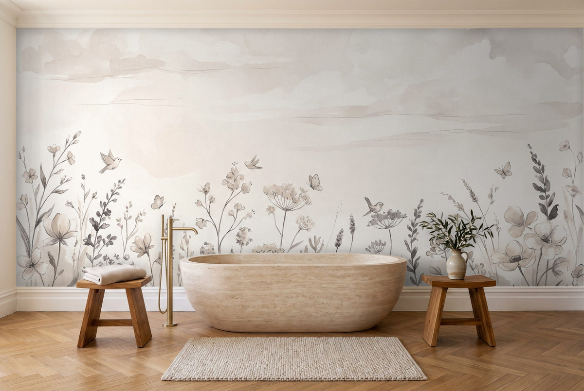 Cream Wildflower Meadow Floral Mural in a bathroom