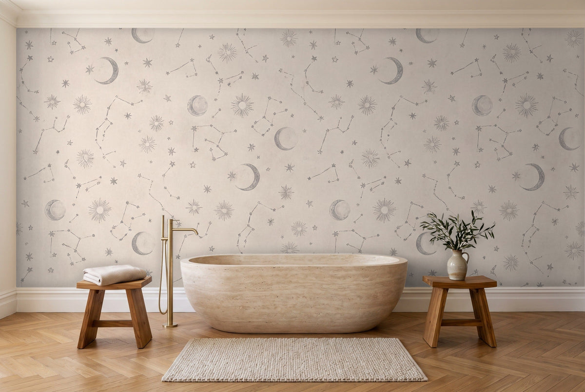 Grey Stars Celestial Mural in a bathroom