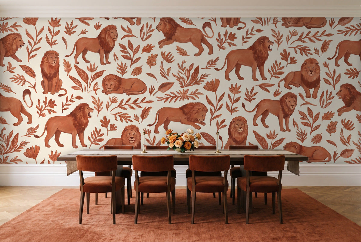 Terracotta Lion Animal Mural in a dining room