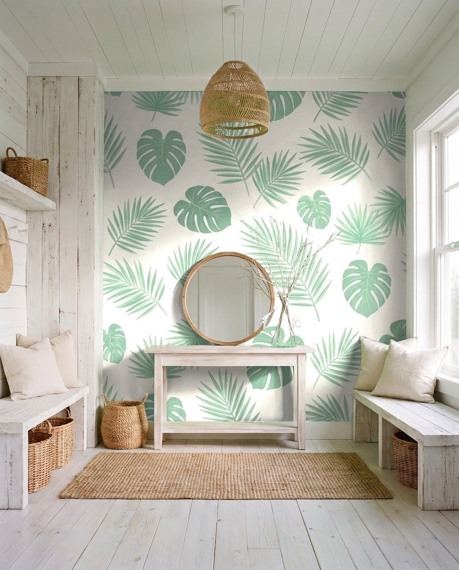 Green Palm Tropical Mural in an interior