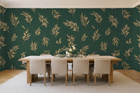 Green And Gold Olive Branch Botanical Mural in a dining room