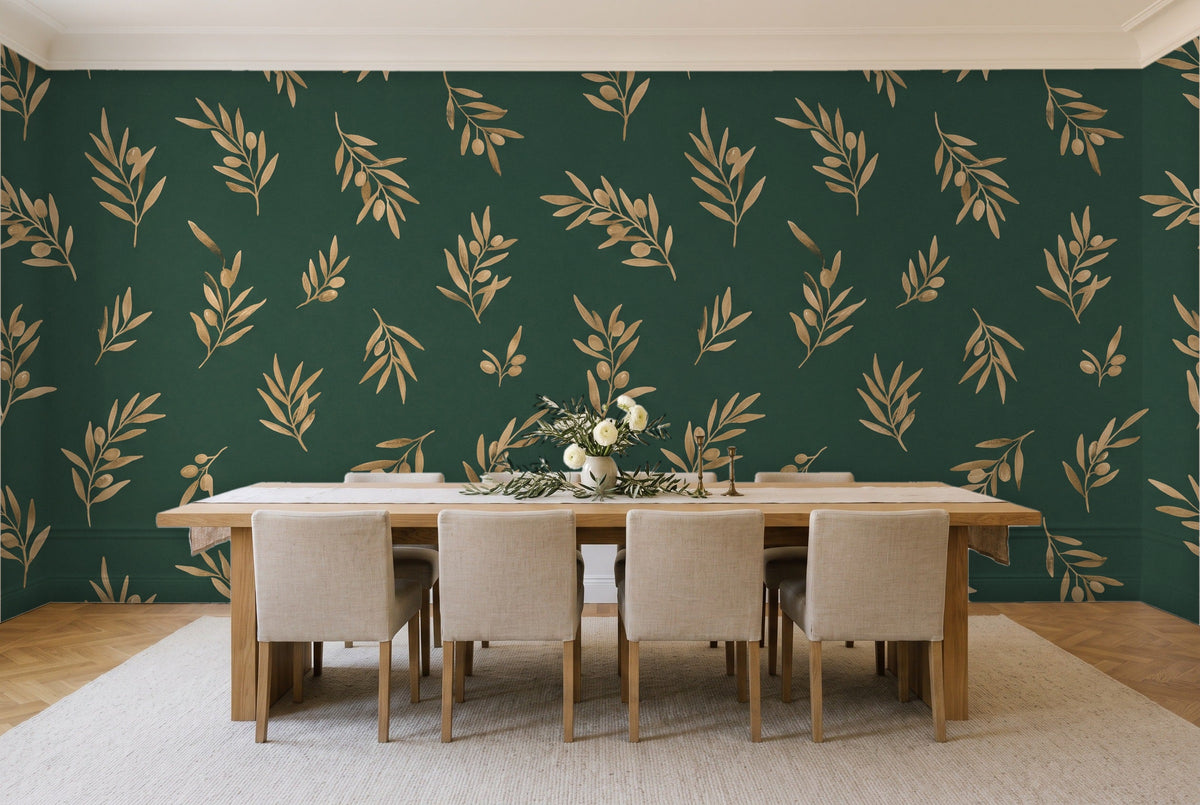 Green And Gold Olive Branch Botanical Mural in a dining room