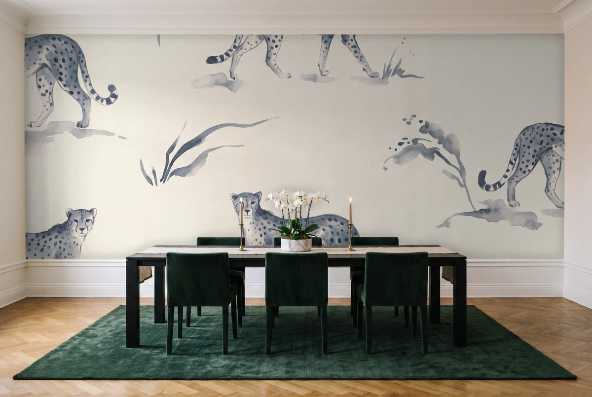 Blue Cheetah Animal Mural in a dining room