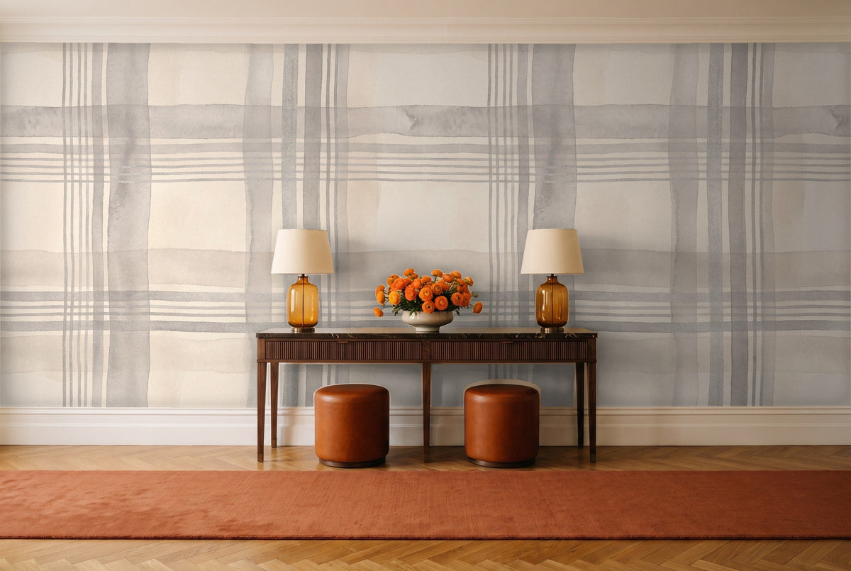 Grey Plaid Mural in an entryway