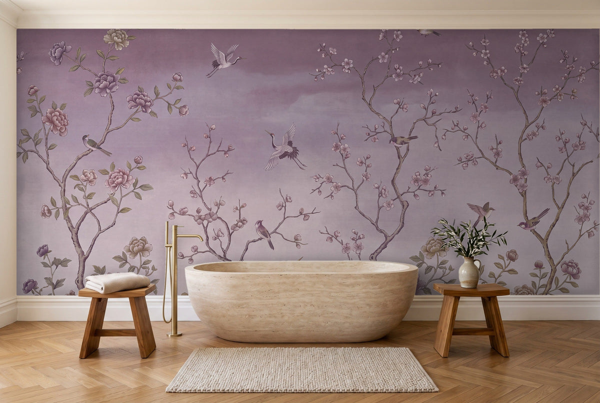 Purple Chinoiserie Garden Chinoiserie Mural in a bathroom