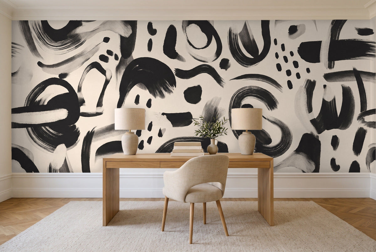 Black And White Brushstroke Abstract Mural in a home office