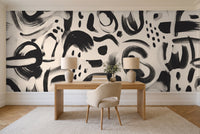 Black And White Brushstroke Abstract Mural in a home office