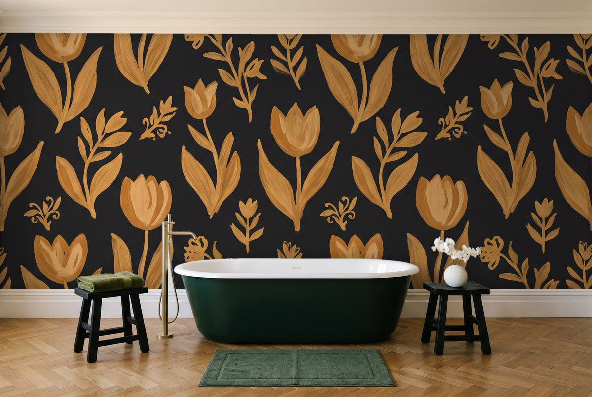 Black And Gold Tulip Floral Mural in a bathroom