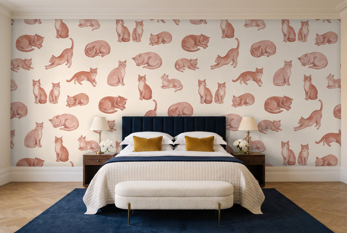 Blush Cat Animal Mural in a bedroom
