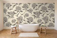Black And White Hydrangea Floral Mural in a bathroom