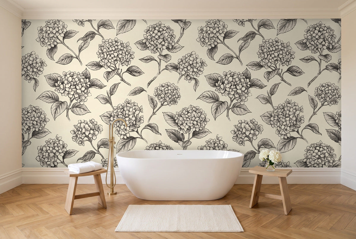 Black And White Hydrangea Floral Mural in a bathroom