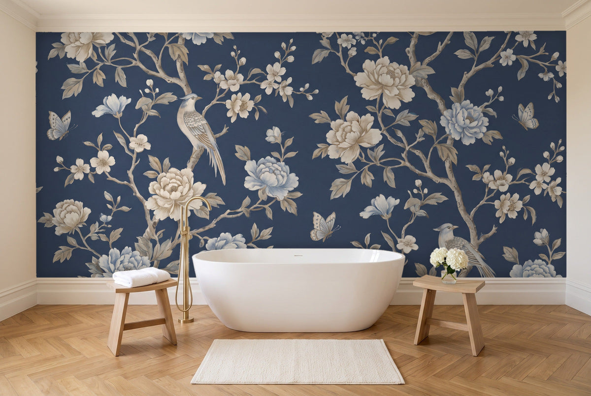 Navy Peony Floral Mural in a bathroom