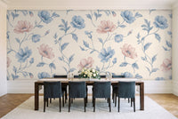 Blue And Pink Poppy Floral Mural in a dining room
