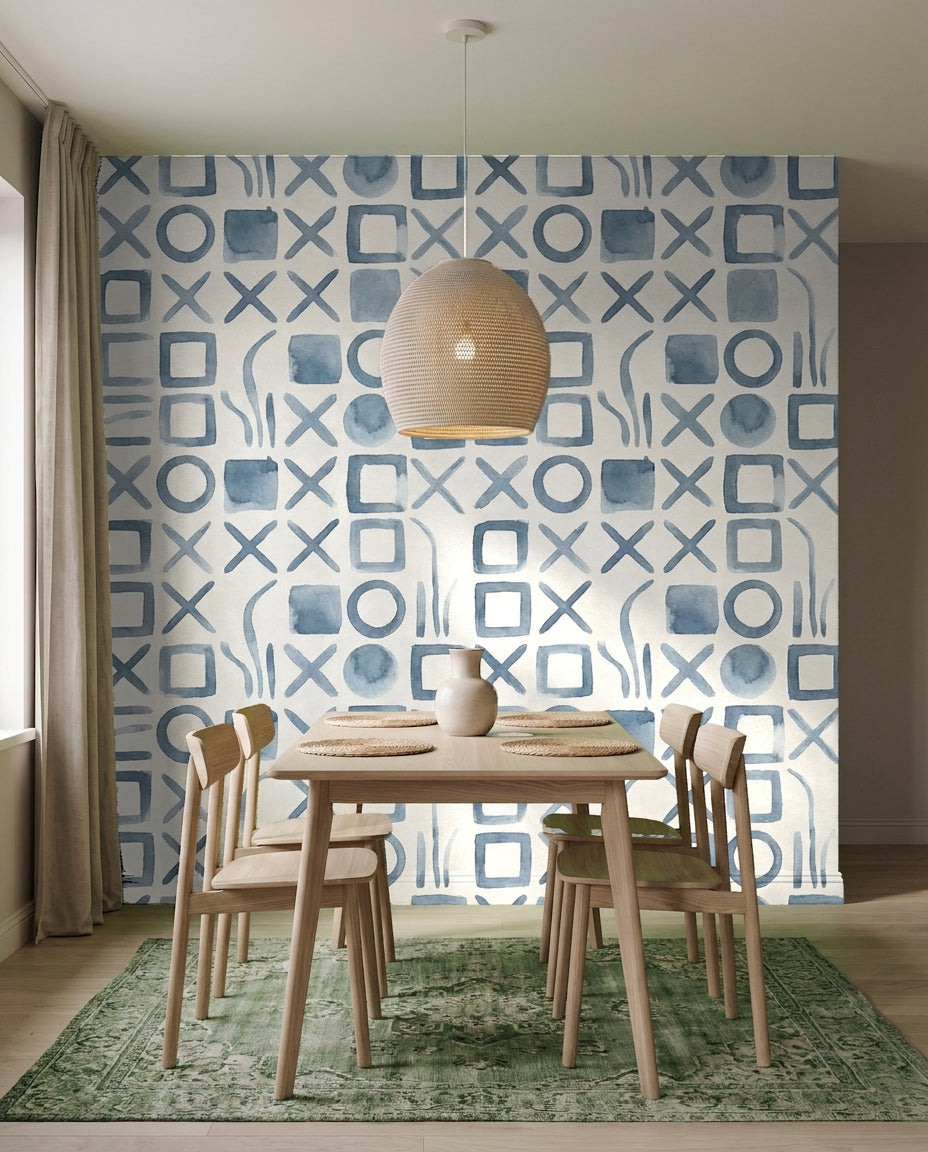 Blue Grid Geometric Mural in an interior
