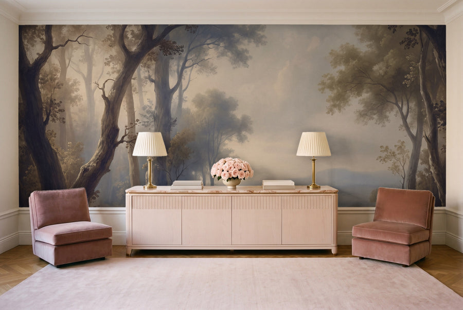 Navy Forest Landscape Mural on a wall