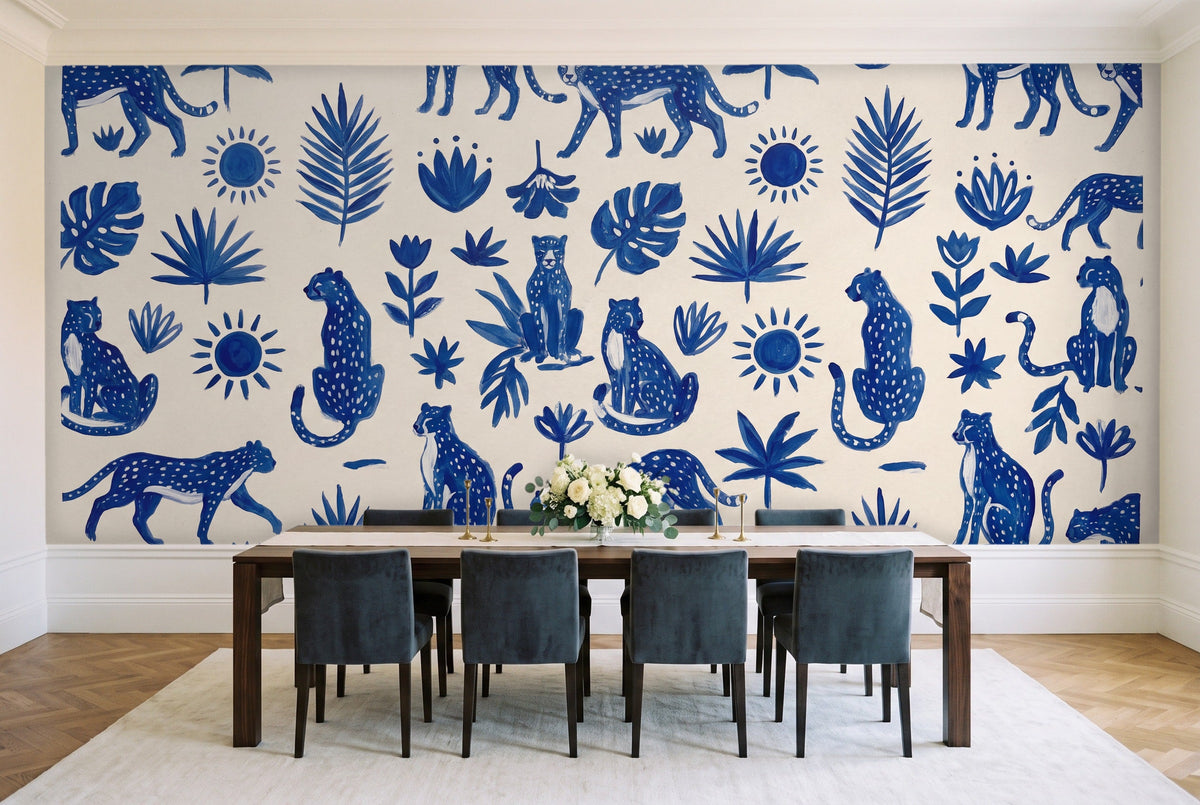Blue And White Cheetah Animal Mural in a dining room
