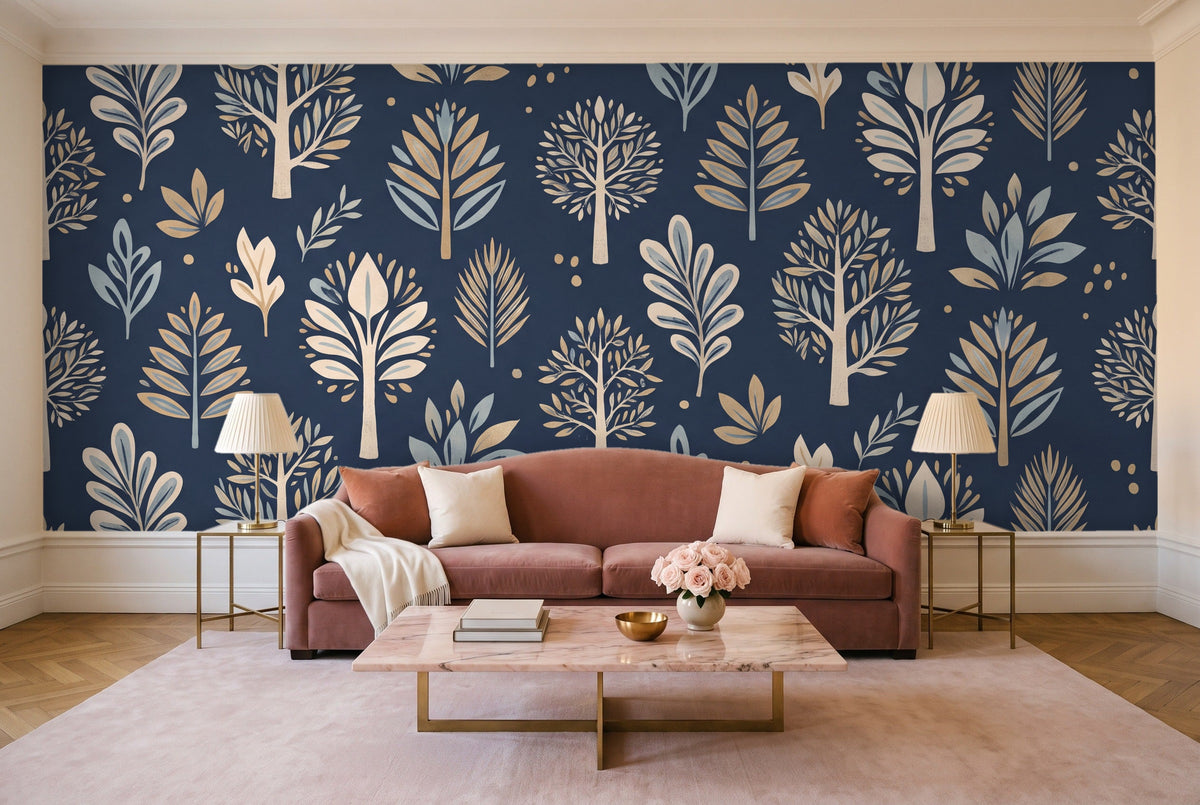 Navy Tree Botanical Mural in a living room