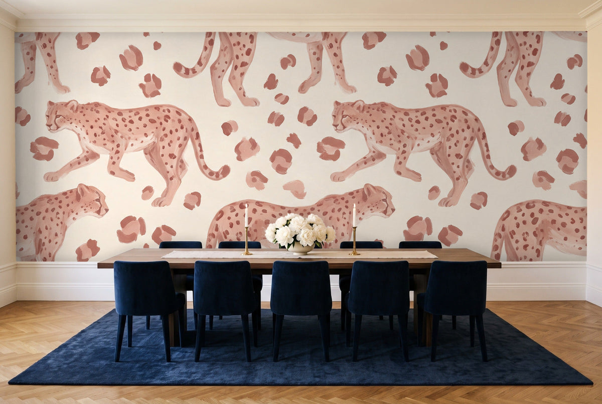 Blush Cheetah Animal Mural in a dining room