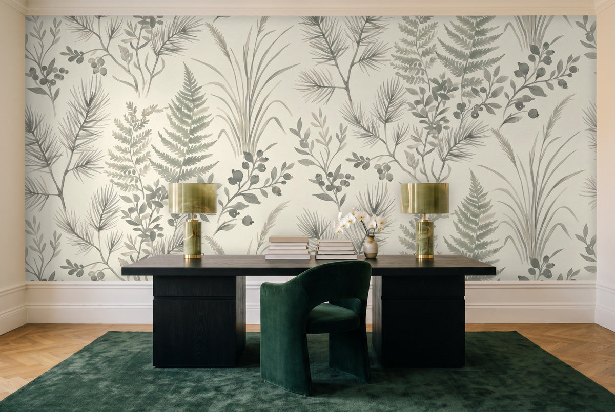 Sage Forest Botanical Mural in a home office